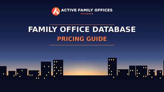 City skyline at dusk with Active Family Offices logo - Family Office Database Pricing Guide